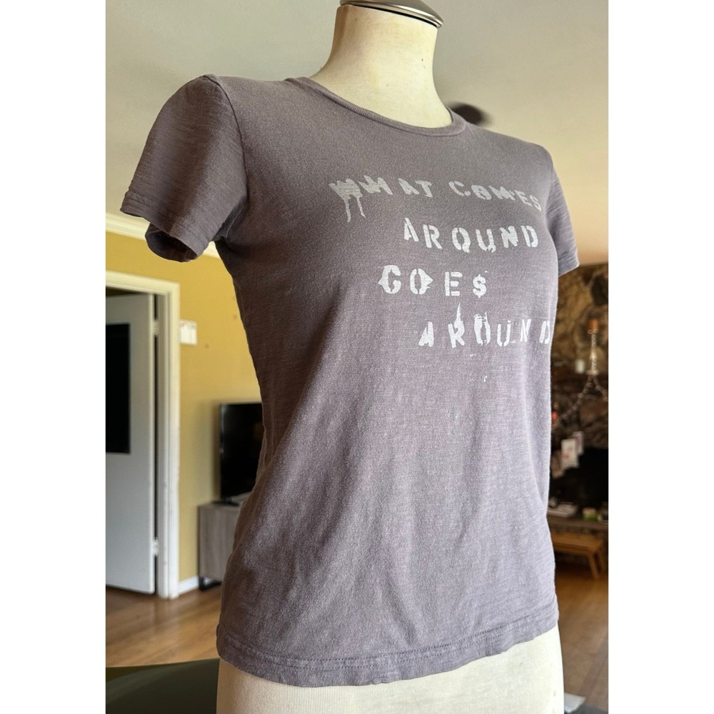 RARE Vtg What Comes Around Goes Around Karma Shrunken Graphic Tee 90s Y2K Celeb
